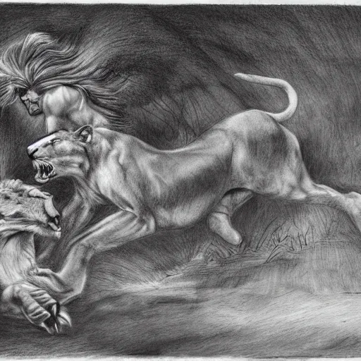 Prompt: hero fighting against a lion in the middle of an arena, crowd of people, pencil art, added detail, high definiton