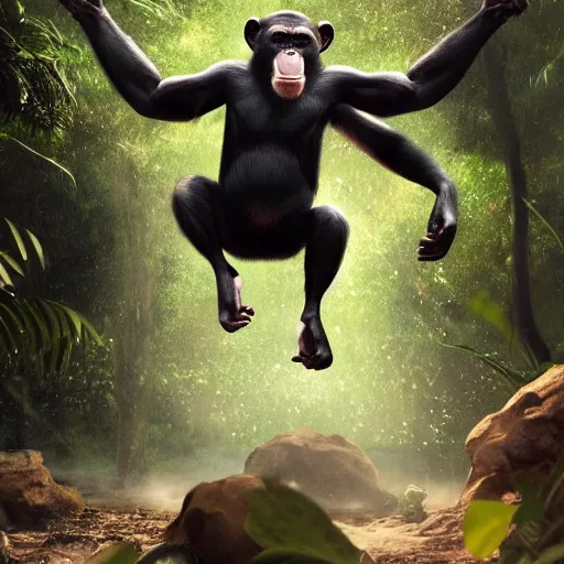 Image similar to Angry Chimpanzee Jumping, Epic Jump, Cinematic Photo, Cinematic Shot, Jungle, Foliage Boris Vallejo, Epic, 8k resolution, ArtStation, Hyperrealistic