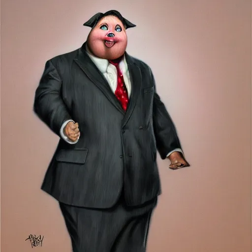 Prompt: photo portrait of an anthropomorphic fat pig wearing a suit, masterpiece, highly detailed, hyperrealistic, digital painting, by Ralph Horsley, by artgerm