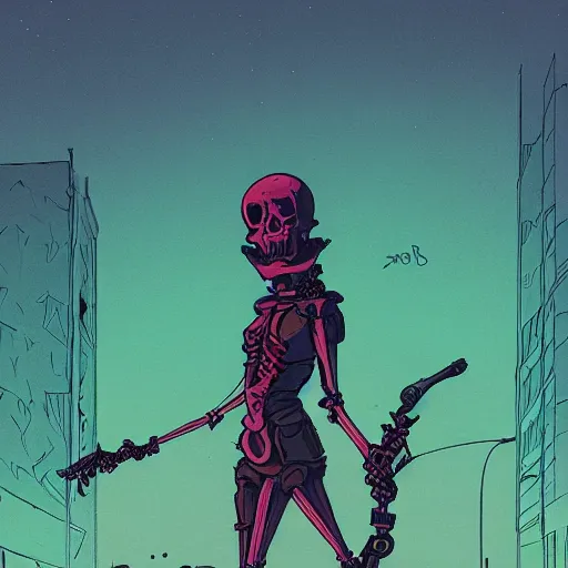 Image similar to a colorfully detailed comic noir style illustration of a beautiful woman wearing a skeleton suit in a post-apocalyptic desert by queens of the stone age and sachin teng, dark vibes, street art, cinematic, high contrast, depth of field