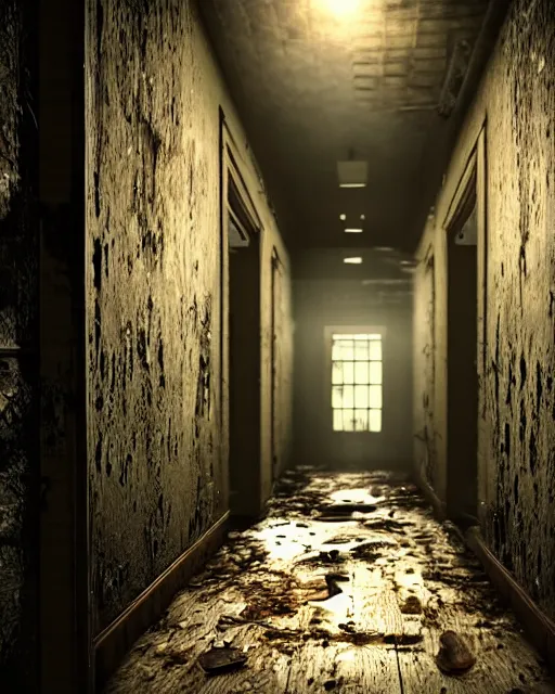 Prompt: Resident Evil 7, American gothic interior, mold growing on walls, dirty wooden floor, atmospheric, nighttime scene, photorealistic narrow hallway with broken windows, horror