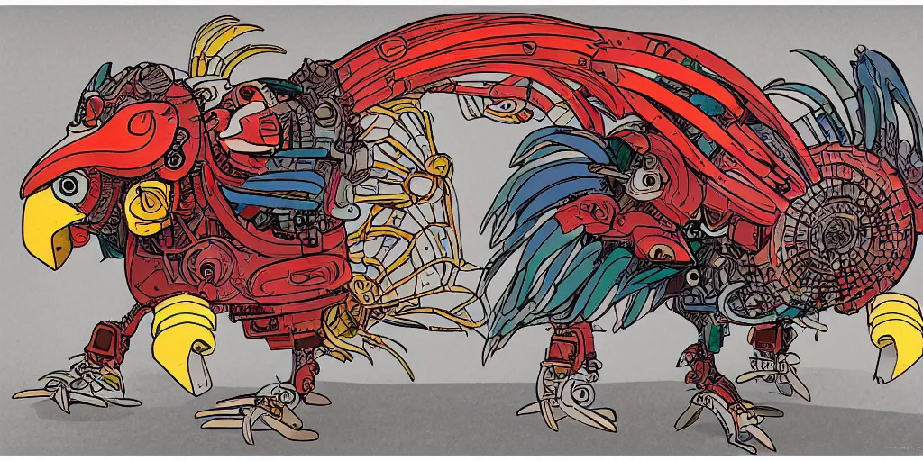 Prompt: illustration of a fully armored mechanical rooster, diselpunk, mix of styles, studio ghibli color scheme
