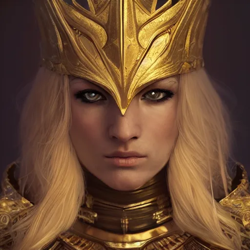 Image similar to centered detailed portrait the elfen queen, realistic character concept, beautiful crusader-man, identical eyes, gazing eyes, beautiful eyes medium shot, elegant pose, fantasy, illustration, slender symmetrical face and body, artstation, cinematic lighting, hyperdetailed, cgsociety, 8k, high resolution, Tom Richmond, single face, insanely detailed and intricate, octane render, golden ratio, dark fractal background, vfx, postprocessing, freckles, alluring.1.00:1