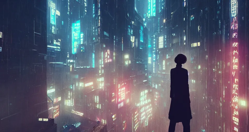 Image similar to woman standing on a rooftop in a cyberpunk city, blade runner, nighttime, rain, intricate artwork by tooth wu and wlop and beeple, octane render, hyper realism, 8 k