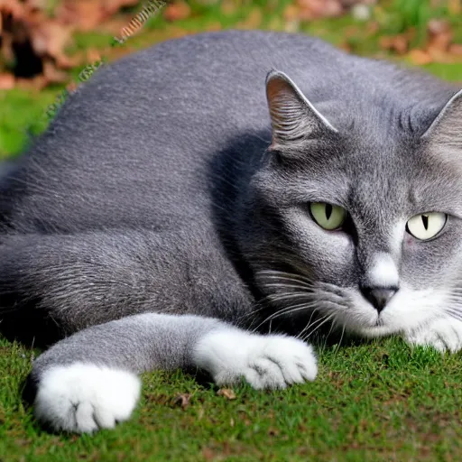 Prompt: big bored grey cat with white belly, white paws and very long fur