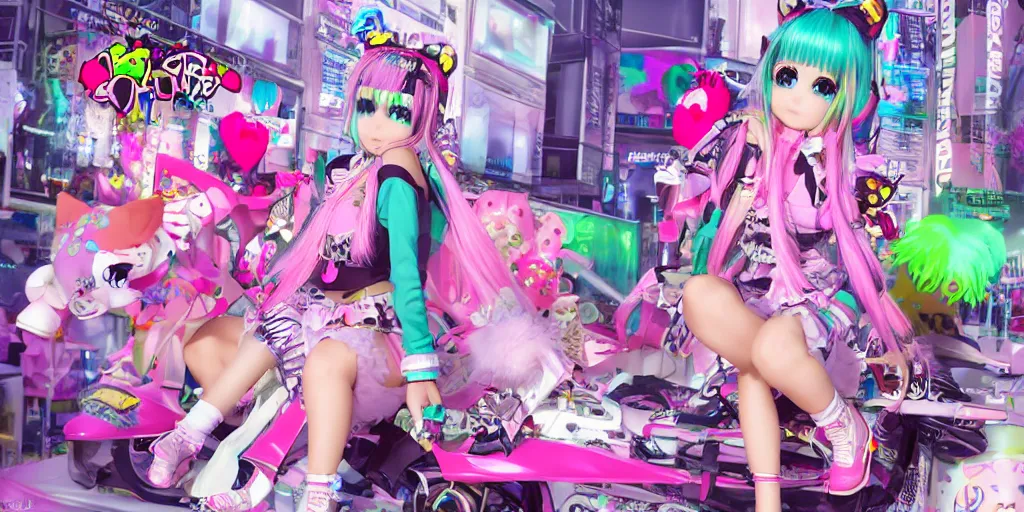 Image similar to 3 d anime render of a decora gyaru kawaii cybergoth emo fashion model vtuber, in a cyberpunk blade runner maximalist city of my melody sanrio plushies, wlop artstation imaginefx