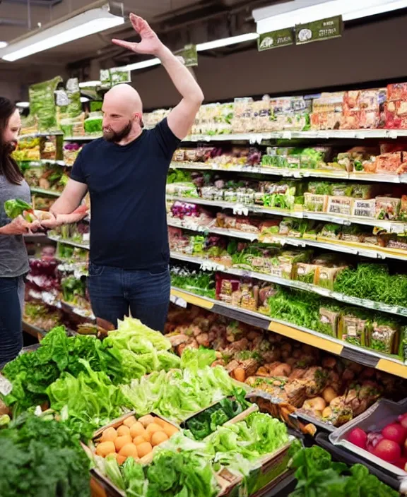 Image similar to a bald man with a beard gestures to a display of boxes of suddenly salad at the end cap inside a supermarket