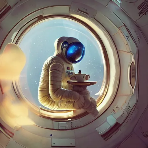 Image similar to a single cosmonaut in a spacesuit drinks a steaming cup of tea at wooden desk in a sci-fi space station. :: by beeple and James Gilleard and Justin Gerard :: the autumn light comes in through a window and dimly illuminates the room. intricate, elegant, highly detailed, trending on artstation, smooth, sharp focus, octane render!!!