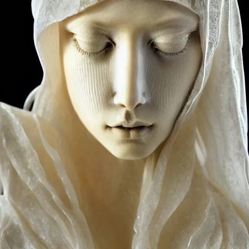 Image similar to a masterpiece marble sculpture of the veiled virgin, subsurface cracks, !dramatic !face, !female, covered in intricate !detailed golden !!streaked veil , physically based rendering, photo realistic, top light , dark background by Dan Hillier