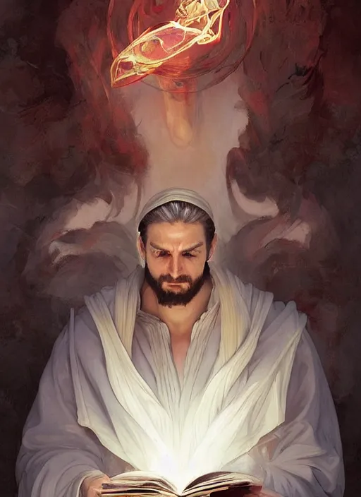 Image similar to character concept portrait of an attractive young Spanish wizard with white skin conjuring a fire spell, a floating iridescent spell book in the center, intricate, elegant, digital painting, concept art, smooth, sharp focus, illustration, from Metal Gear, by Ruan Jia and Mandy Jurgens and William-Adolphe Bouguereau, Artgerm