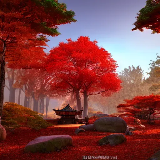 Prompt: cozy tang dynasty shrine in a maple forest during autum, red leaves, award winning fantasy concept art, high octane render, 8k resolution, high definition