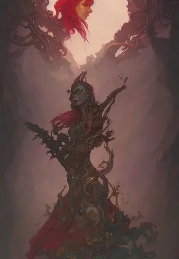 Image similar to ruby guardian, dark, peter mohrbacher, surrealism, kelly mckernan, alfonso mucha, dalle 2, hd, intricate details, cinematic, realistic, photorealistic, concept artbook, artstation, video game, symmetrical