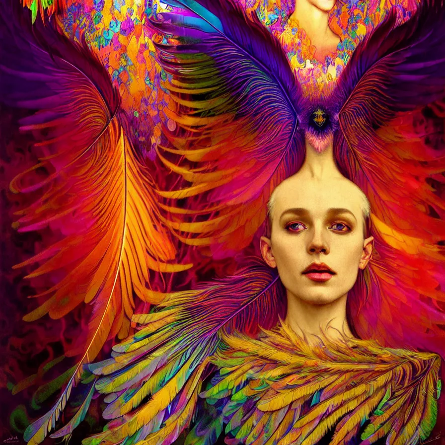 Image similar to face of innocent psychedelic transcendent feather mind bending psychedelic wings of glossy liquid honey flowing like kaleidoscopic translucent holograph, lsd feathers, feathery fluff, enlightenment, high contrast dappled lighting, refracted sunset, highly detailed, concept art, art by collier, albert aublet, krenz cushart, artem demura, alphonse mucha