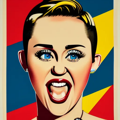 Image similar to propaganda poster, miley cyrus, close up, portrait, shouting