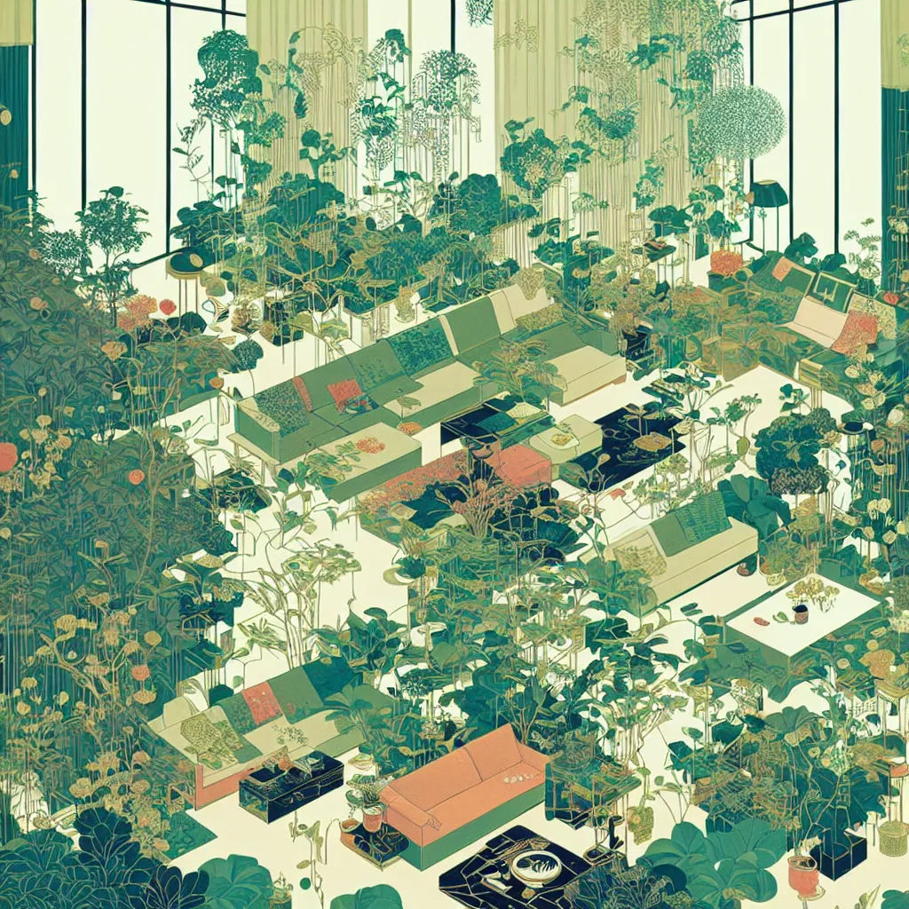 Image similar to luxury living room full of plants and trees by victo ngai