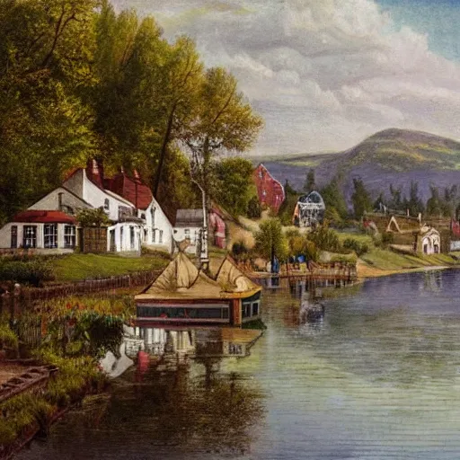 Image similar to realistic Portrait of a victorian town near a lake. Colour, Detailed.