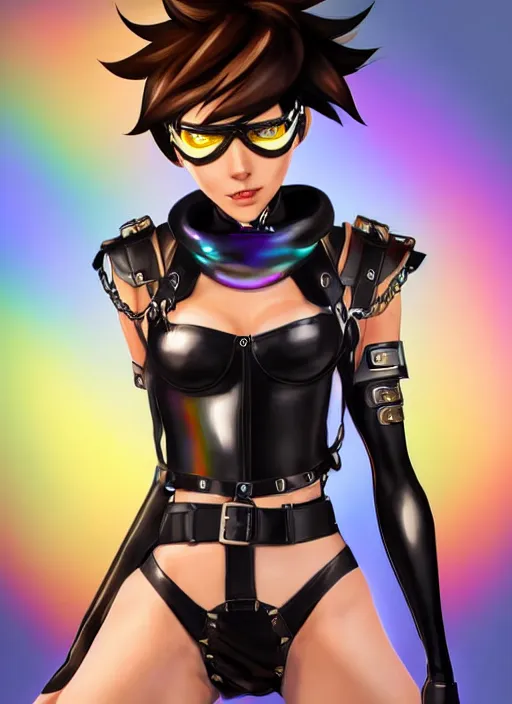 Image similar to full body digital artwork of tracer overwatch, wearing black iridescent rainbow latex bikini, 4 k, expressive happy smug expression, makeup, in style of mark arian, wearing detailed black leather collar, wearing chains, black leather harness, leather cuffs around wrists, detailed face and eyes,