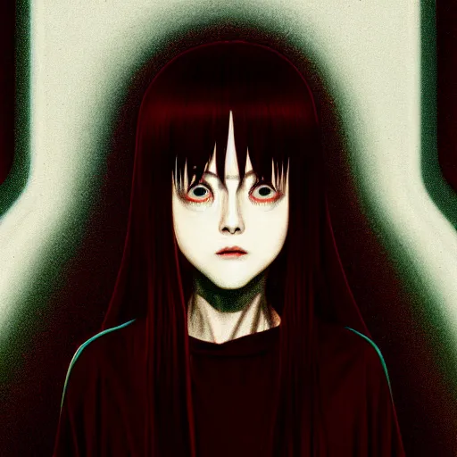 Image similar to i see you palp by junji ito, green red black blue eyes and long black hair by junji ito, painted by junji ito, rtx reflections, octane render 1 2 8 k, extreme high intricate details by wlop, digital anime art by ross tran, wide shot, composition by ross tran, lighting by wlop