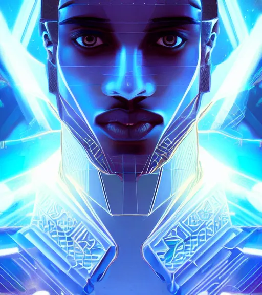 Image similar to symmetry!! egyptian prince of technology, solid cube of light, hard edges, product render retro - futuristic poster scifi, lasers and neon circuits, brown skin man egyptian prince, intricate, elegant, highly detailed, digital painting, artstation, concept art, smooth, sharp focus, illustration, dreamlike, art by artgerm