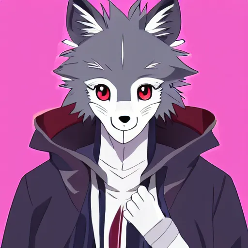 Image similar to key anime visual portrait of an anthropomorphic anthro wolf fursona, in a jacket, with handsome eyes, official anime art