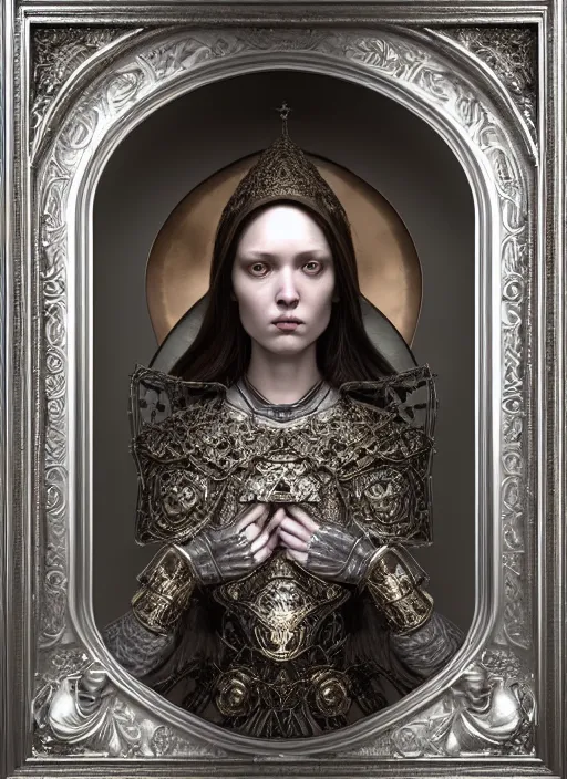 Prompt: hyperrealistic mixed media portrait of a beautiful female holy cleric, stunning 3d render inspired art by Mark Ryden + perfect facial symmetry + dim volumetric lighting, ornate silver gothic armor, swirling radiant energy, 8k octane beautifully detailed render, post-processing, extremely hyperdetailed, intricate, epic composition, grim yet sparkling atmosphere, cinematic lighting + masterpiece, trending on artstation, Art Nouveau