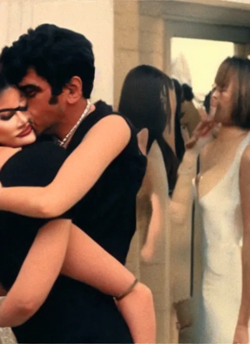 Prompt: film still of kylie Jenner hugging Tony Montana, Tony holding her waist, rear shot, abandoned station
