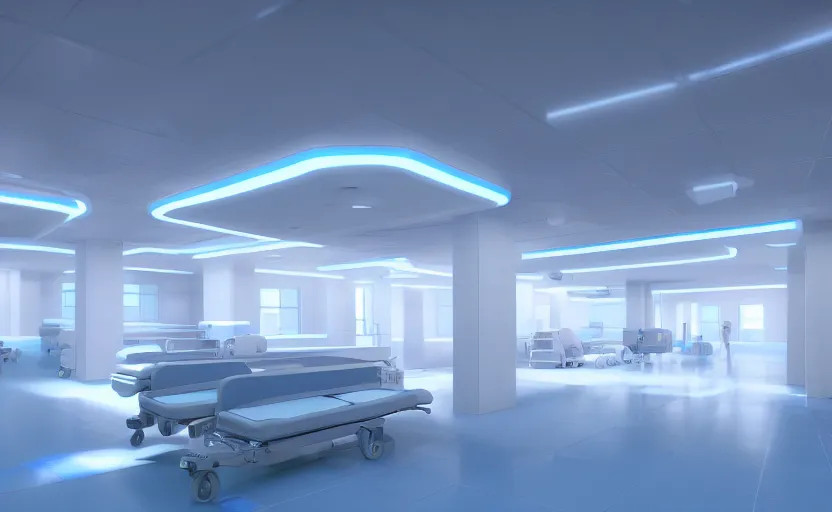 Image similar to a hospital with soft blue lights in the roof, octane render, artstation trending, highly detailded