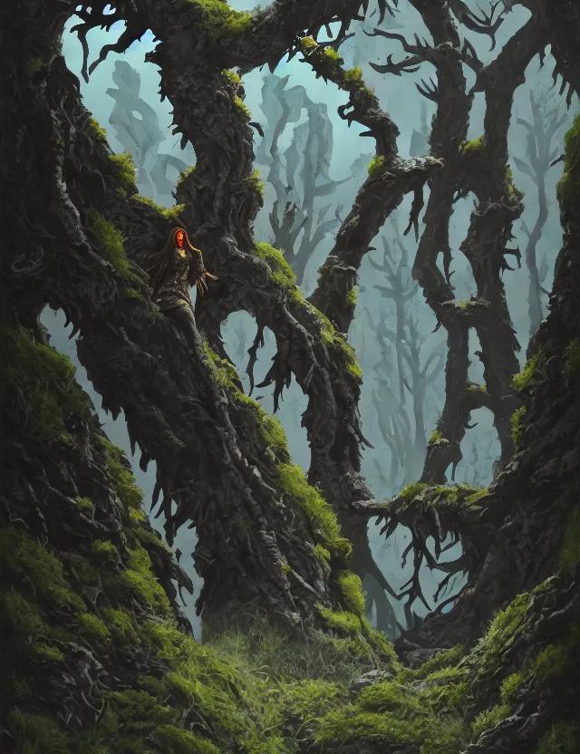 Prompt: raven god in the lichen woods. this gouache painting by the award - winning concept artist has an interesting color scheme, plenty of details and impeccable lighting.