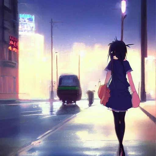 Image similar to a girl smoking, beautiful face, street at night, long hairfine art painting by makoto shinkai, featured on pixiv, hd