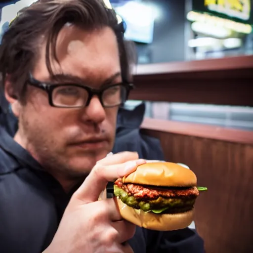 Image similar to Steven Armstrong from Metal gear Rising chooses a Hamburger at McDonald's, 40nm lens, 4k, shallow depth of field,
