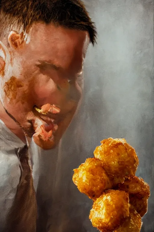 Image similar to channing tatum in a tater tot costume, oil on canvas, intricate, portrait, 8 k highly professionally detailed, hdr, cgsociety