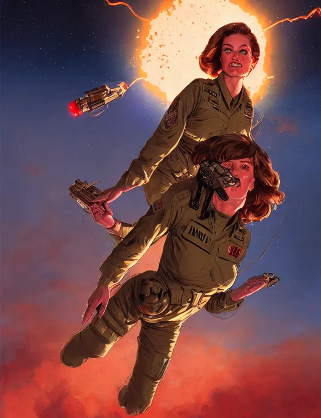 Image similar to a brown - haired woman in a military uniform hovering in the air glowing with red light and crackling energy, by frank fazetta and moebius, trending on artstation, digital art, 4 k resolution, detailed, high quality, sharp focus, hq artwork, coherent, insane detail, concept art, character concept, character full body portrait