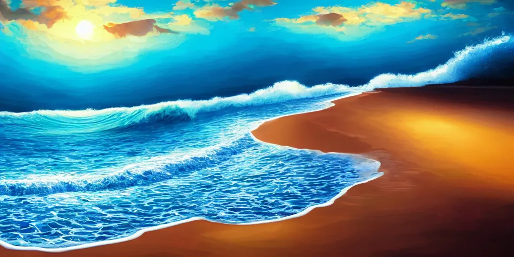 Image similar to A surrealist beach shaped like a singing mouth, the waves are made musical notes, one wave is shaped like the mouths tongue, Very colorful painting 8k trending on art station, Intricate details, very realistic, cinematic lighting, volumetric lighting,