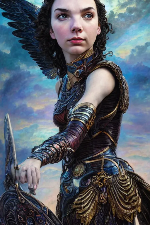 Image similar to Mystical Valkyrie, Gal Gadot, hybrid, Anya Taylor-Joy, Portrait of a beautiful female Reptilian warrior, Regal, Realistic, Refined, Detailed Digital Art, Josephine wall, Oil Painting, William-Adolphe Bouguereau, Art Frahm, Esao Andrews, Steampunk, Walt Disney (1937), Highly Detailed, Cinematic Lighting, Unreal Engine, 8k, HD