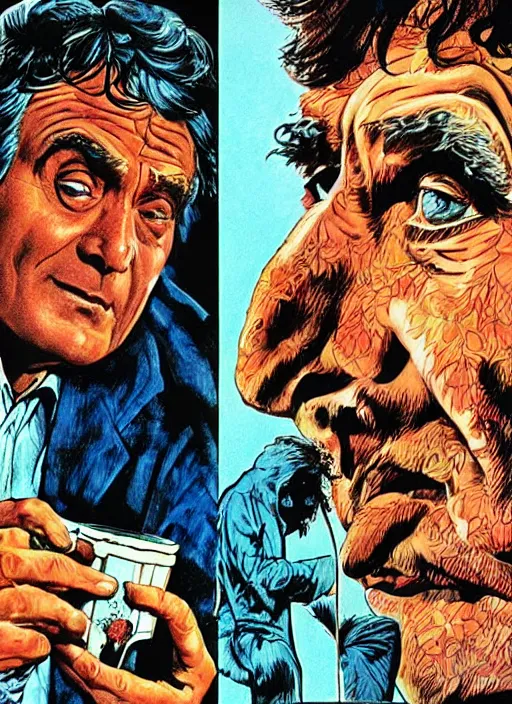 Prompt: Columbo in Creepshow (1982), comic book panels, artwork by Bernie Wrightson, full color, detailed