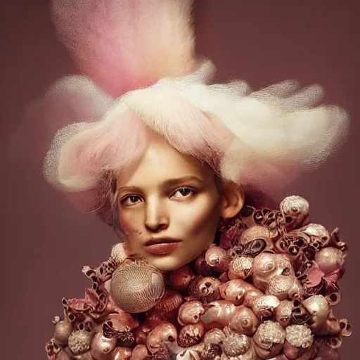 Image similar to a brown woman wearing a candy floss armor. super detailed. layered. textured. award winning. refracted lighting. fragile. by ray caesar. by louise dahl - wolfe, by andrea kowch. surreal photography.