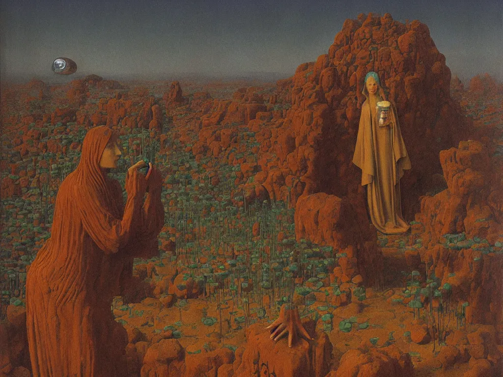 Image similar to It rains with the seed of the faithful. The holy glowing rock of transhumanism in the lithium desert. Portrait of the lotus-eater. Painting by Jan van Eyck, Rene Magritte, Jean Delville, Max Ernst, Beksinski