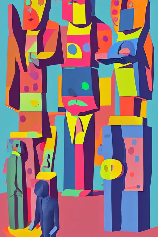 Image similar to cubist moai statue cutout digital illustration cartoon colorful beeple