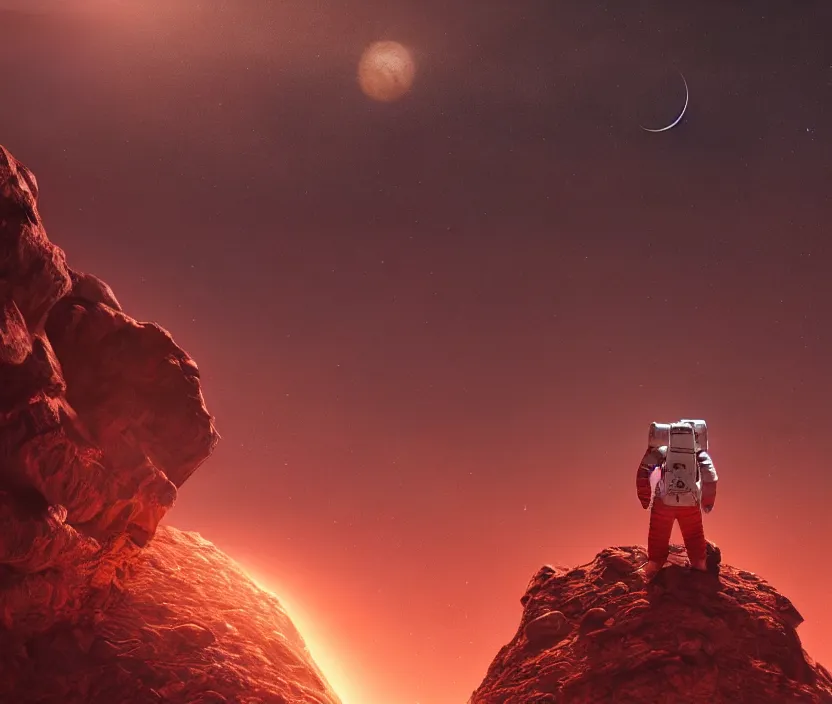 Image similar to a astronaut walking on a mountainous alien planet with a giant red planet with rings appearing in the sky at night, digital art, concept art, trending on DeviantArt, highly detailed, high quality, 8K, cinematic lighting