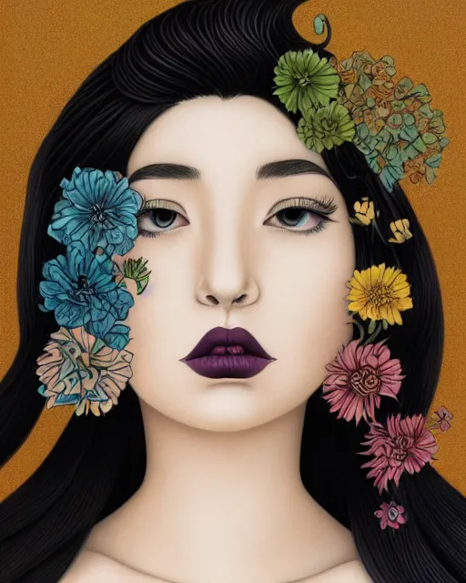 Image similar to A portrait painting of a gorgeous woman long black hair, in the style of Audrey Kawasaki, octane render, highly detailed