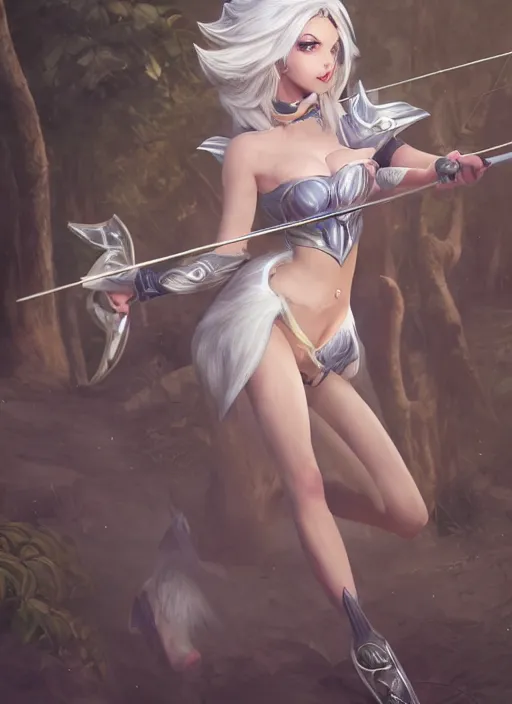 Prompt: ashe, from league of legends, shooting arrows with a silver bow, wearing fluffy skin, long skirt, hyper detailed, digital art, trending in artstation, cinematic lighting, studio quality, zoom in, smooth render, unreal engine 5 rendered, octane rendered, art style by klimt and nixeu and ian sprigger and wlop and krenz cushart