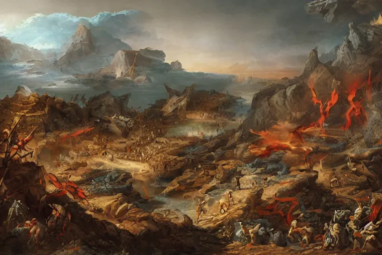Prompt: landscape of the aftermath of an ancient battle, the art of god of war, digital art by giovanni paolo pannini