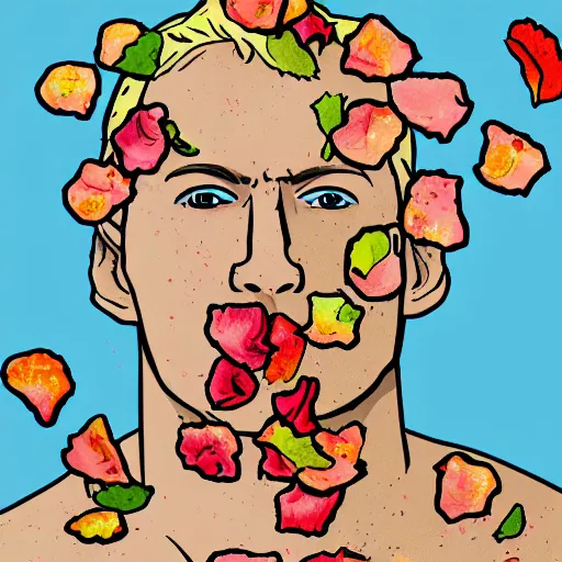 Image similar to a blonde man with freckles vomiting rose petals, lungs, varying art styles, clarity, detoxification, varying angles, colorful