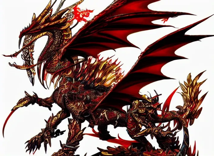 Image similar to Majestic winged dragon with ornate red and gold scales. In style of Yoji Shinkawa and Hyung-tae Kim, trending on ArtStation, dark fantasy, great composition, concept art, highly detailed.