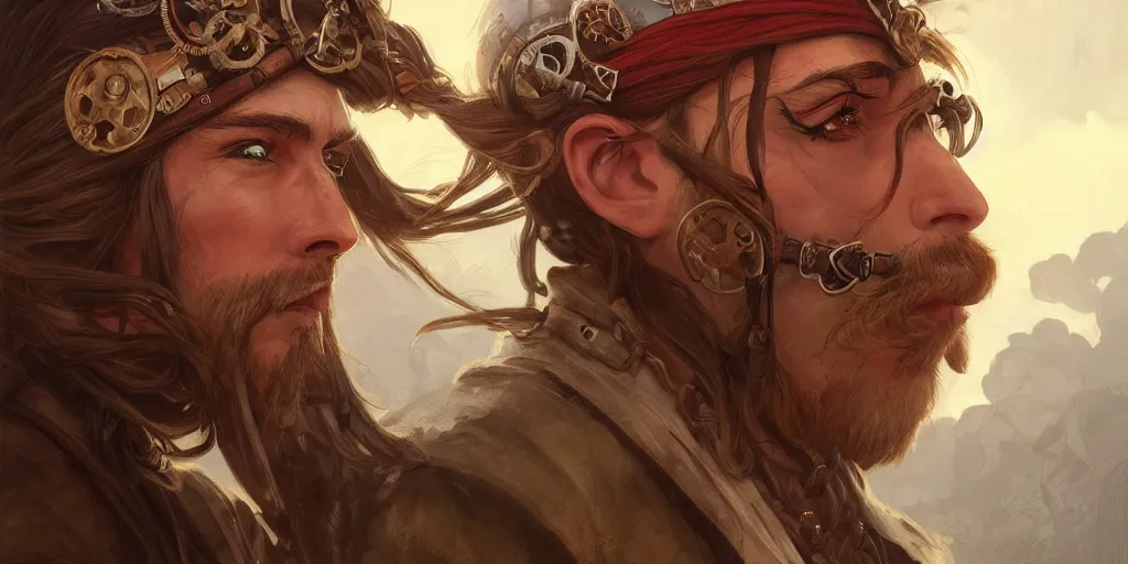 Image similar to 3 / 4 headshot of male airship pirate, d & d, handsome, fantasy, intricate, long hair, airship, steampunk, red hair, elegant, highly detailed, digital painting, artstation, concept art, smooth, sharp focus, illustration, art by artgerm and greg rutkowski and alphonse mucha