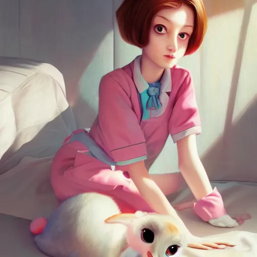 Image similar to little bunny girl in pajama. digital artwork made by ilya kuvshinov, inspired by zootopia and balthus, highly detailed, realistic,