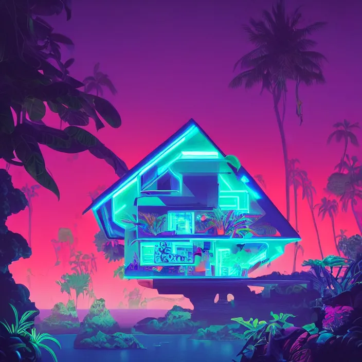 Image similar to a bioluminescent neon tropical cottage by paolo eleuteri serpieri and tomer hanuka and chesley bonestell and daniel merriam and tomokazu matsuyama, unreal engine, high resolution render, featured on artstation, octane, 8 k, highly intricate details, vivid colors, vector illustration