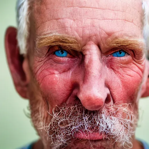Prompt: ! detailed conceptual photography portrait from an old man who has a nose that is 8 cm long and has red hair, wide eyes and also two teeth that come out