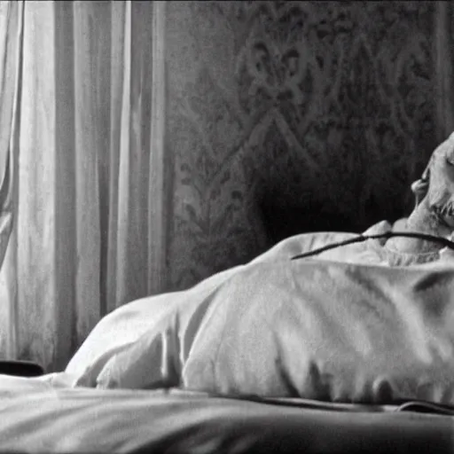 Image similar to A dying person on a bed along with a robot priest finally accepts to see the movie Last year on Marienbad on the TV.