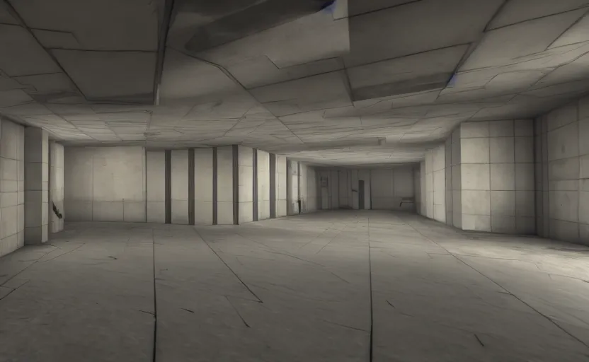 Image similar to in - game screenshot of a first person shooter on unreal engine 5, narrow modern hallways of a secret government facility, white dry wall, photorealistic, liminal, brutalism, minimalism, soft vintage glow